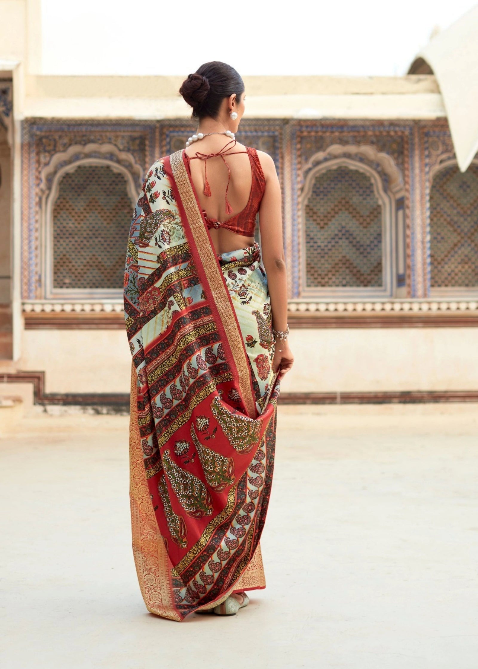 White Ajrakh-Inspired Digital Print Dola Handloom Silk Saree Kalyanja Fashion