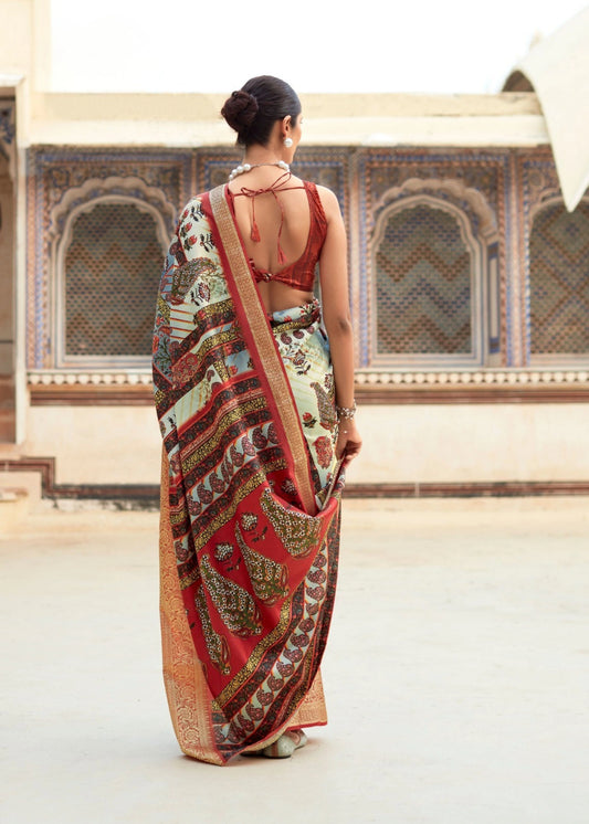 White Ajrakh-Inspired Digital Print Dola Handloom Silk Saree