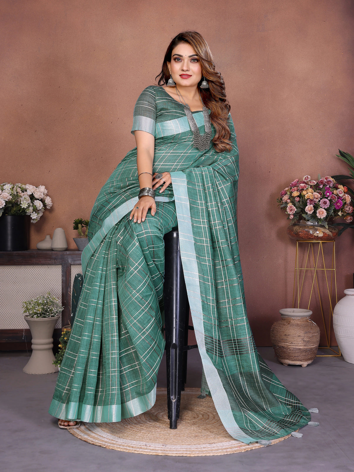 Teal Ached Weaving Soft Linen Saree – Kalyanja
