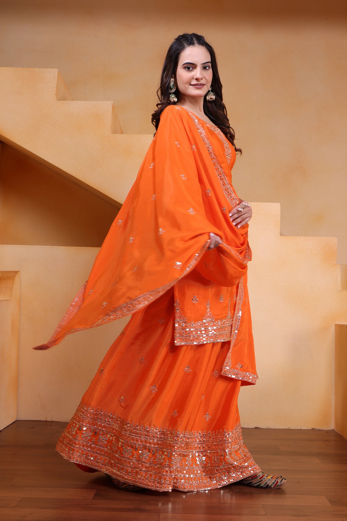 orange sequins embroidered chinon suit