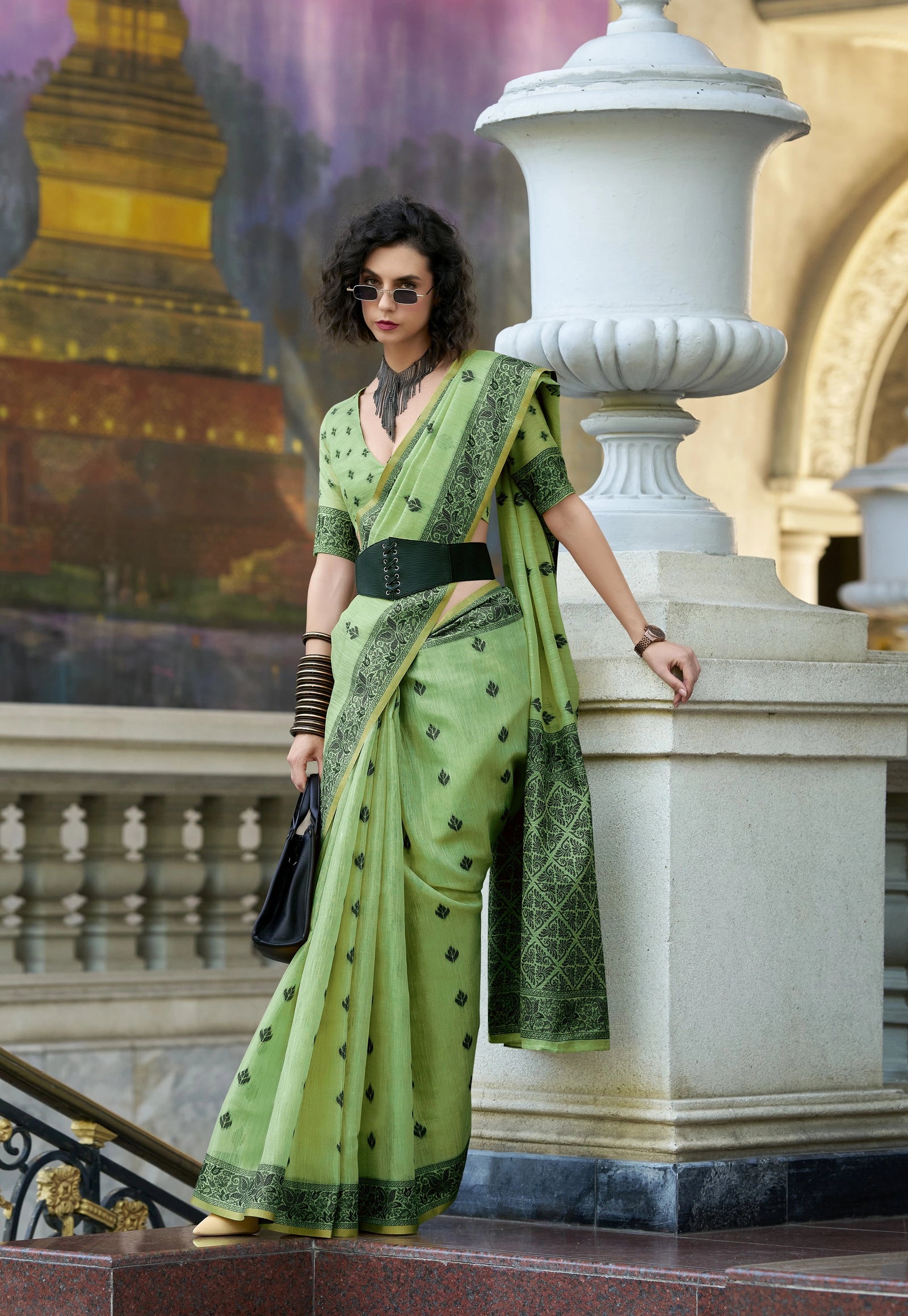 Light Pista Ajrakh Woven Tissue Linen Saree Kalyanja Fashion