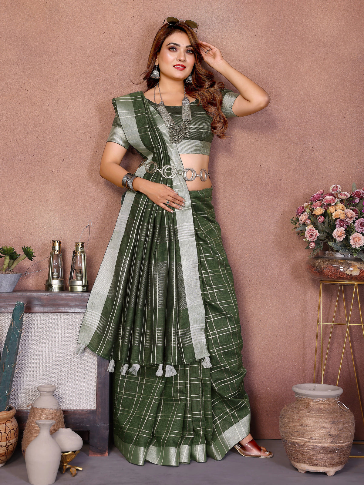 Dark green silver weaving linen saree – Kalyanja.
