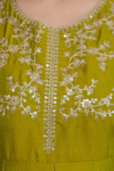 Green dress with intricate white embroidery on a plain background