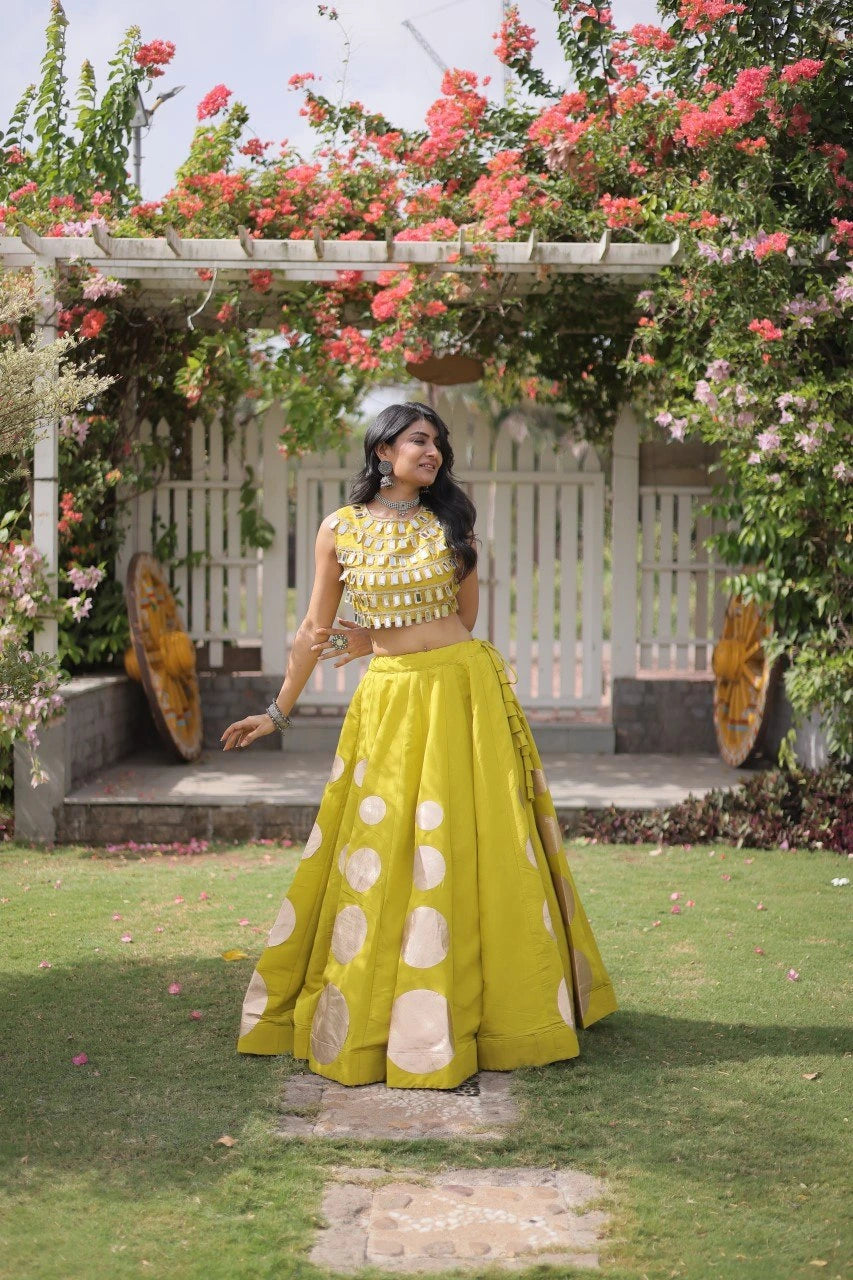 Sleeveless embellished blouse with intricate mirror work creates a stunning festive and celebration-ready appearance.
