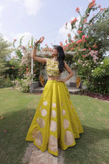 Designer festive lehenga crafted with shimmering mirror embellishments and premium fabric for a vibrant ethnic look.