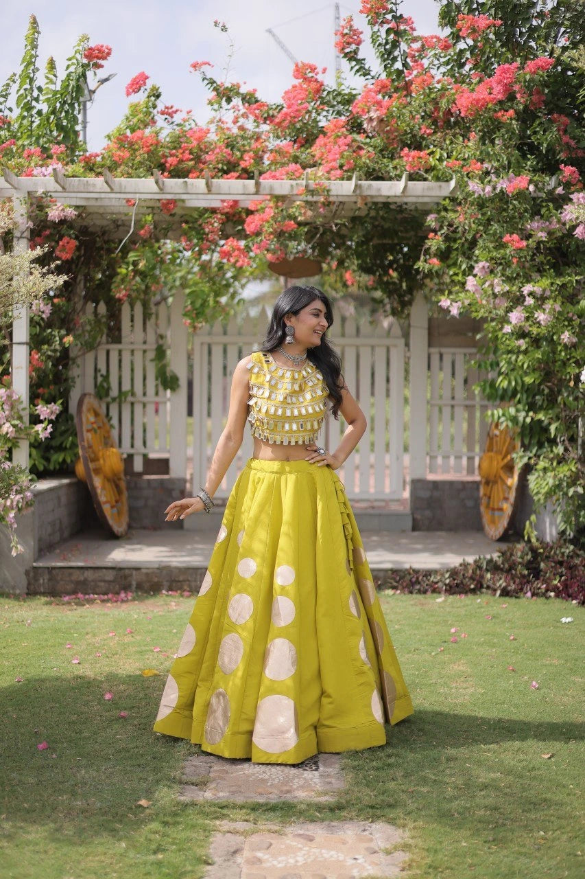 Fashion-forward yellow designer lehenga blends classic Indian craftsmanship with contemporary ethnic style.