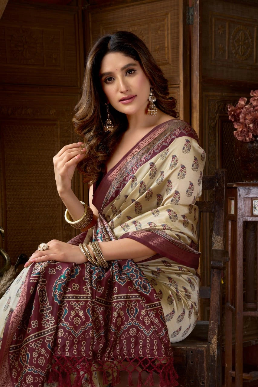 Woman in a traditional saree with intricate patterns in a warm-toned interior setting