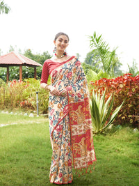 Beige Dark Pastel Red Soft Tussar Silk Saree
