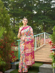 Premium beige floral printed saree with artistic magenta woven pallu and graceful traditional look.