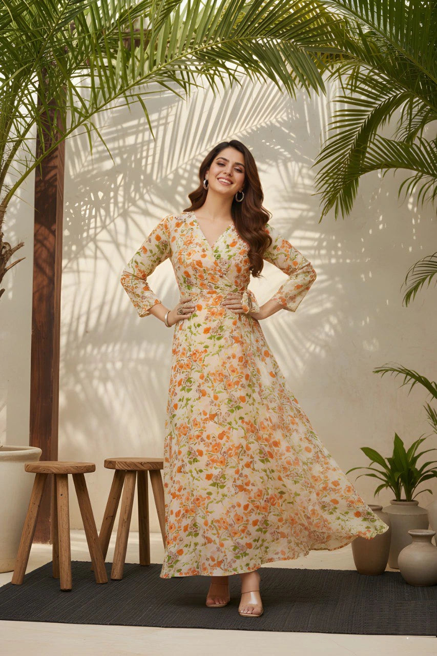 Woman in a floral dress standing in a sunlit room with plants