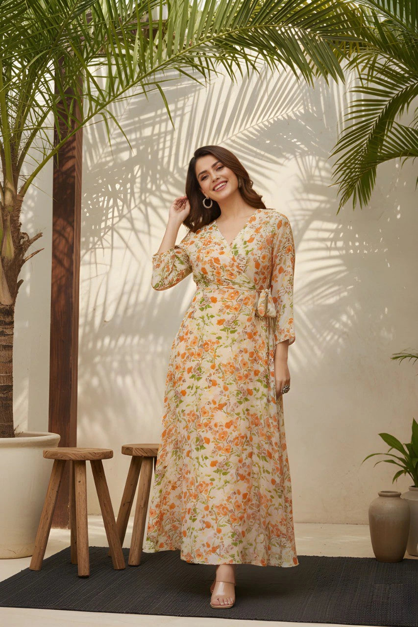 Woman in a floral dress standing in a sunlit room with plants