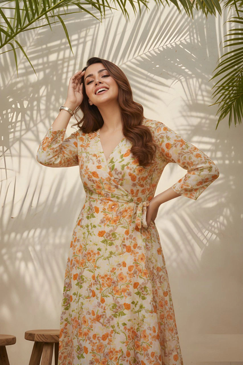 Woman in a floral dress standing against a wall with palm leaf shadows