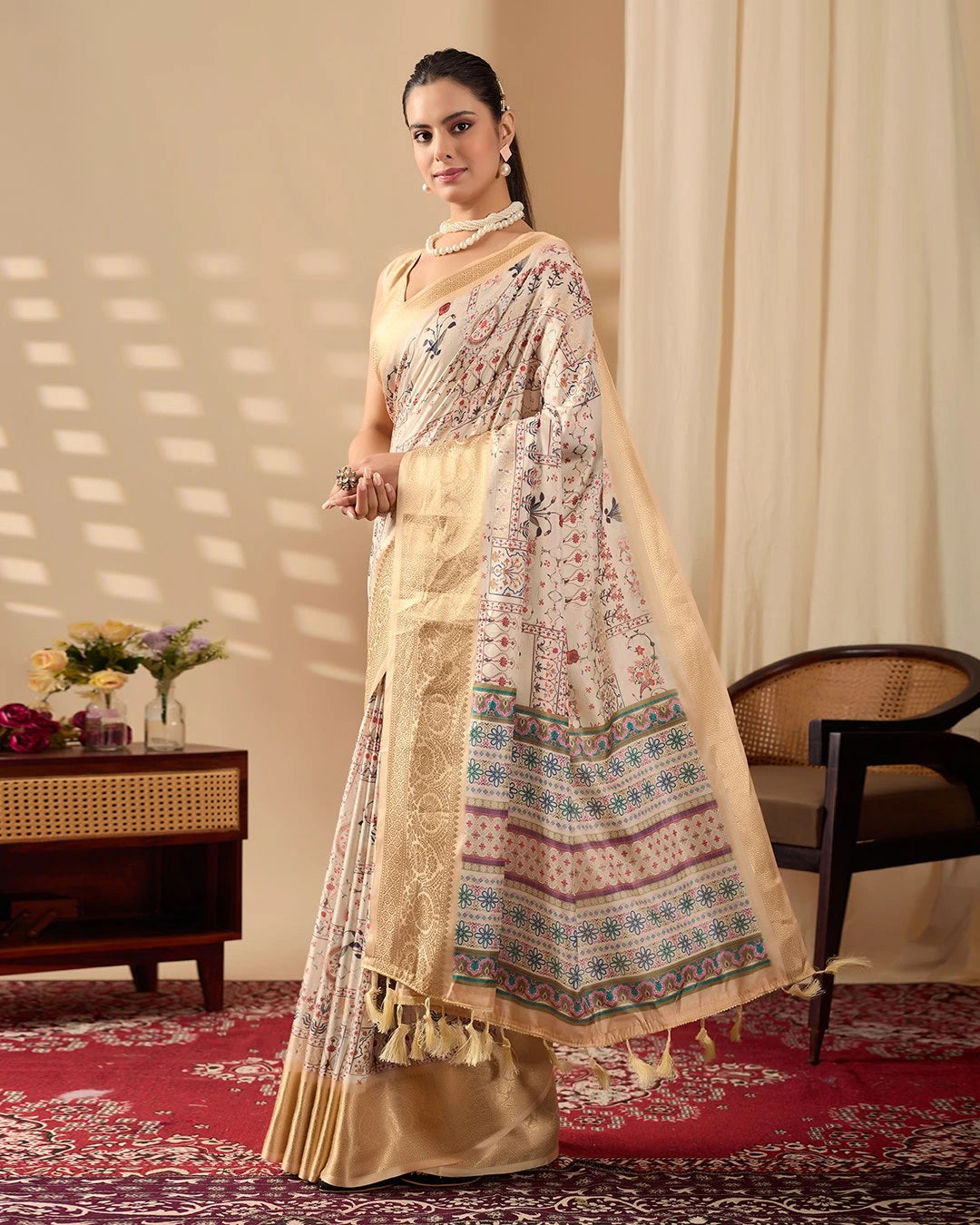 Buy Beige Digital Print Soft Lichi Silk Saree | Kalyanja
