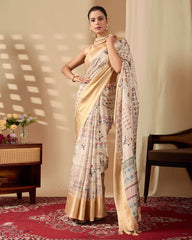 Woman in a patterned saree standing in a room with a floral arrangement and wooden furniture.
