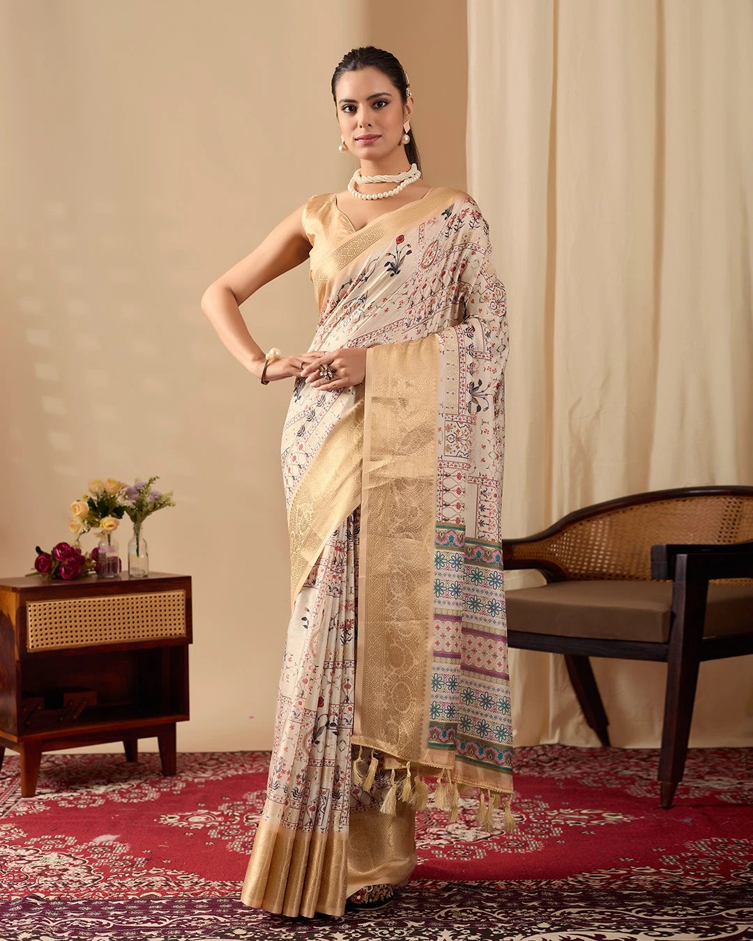 Buy Beige Digital Print Soft Lichi Silk Saree | Kalyanja
