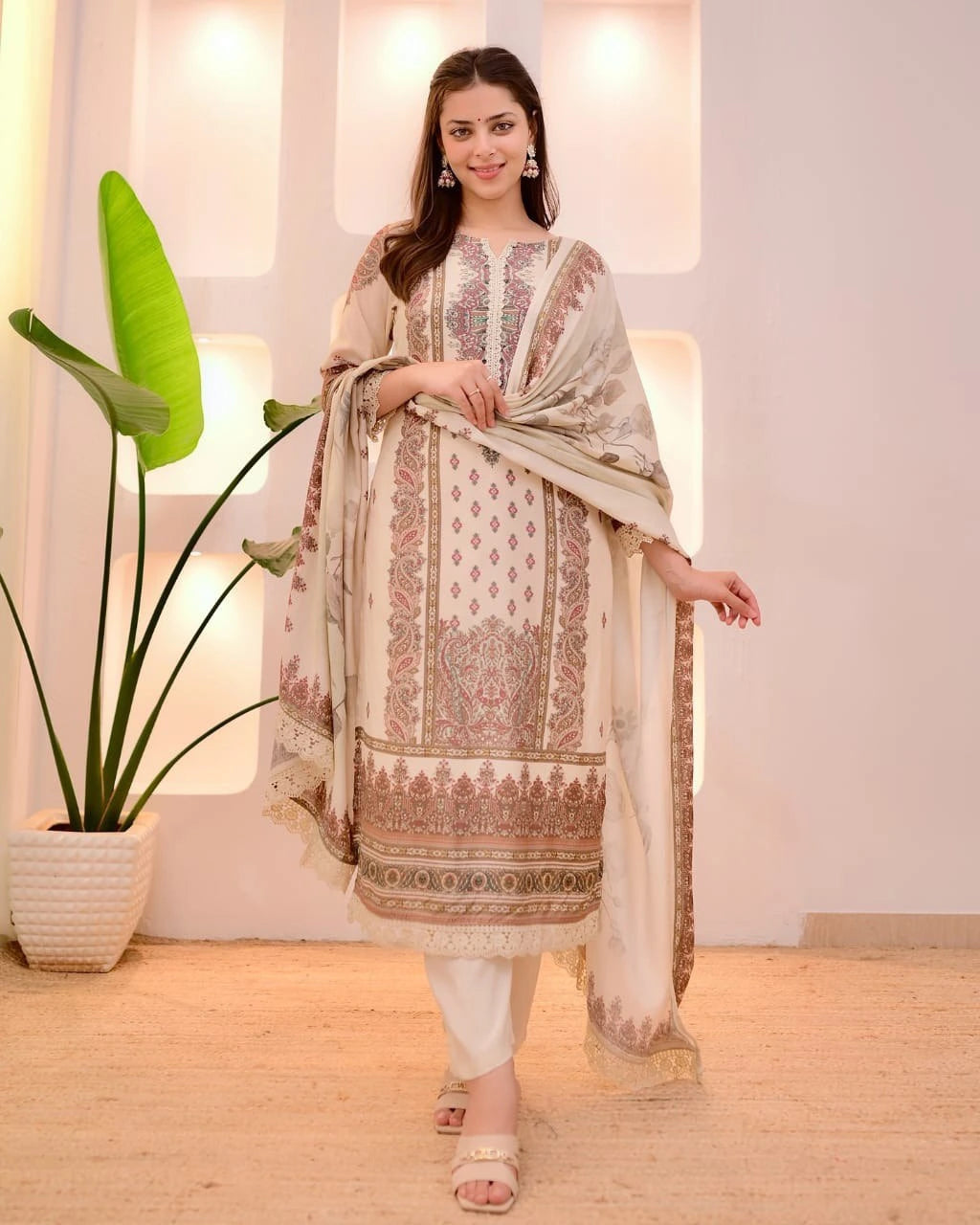 Woman wearing a traditional outfit with a floral design in a well-lit room.