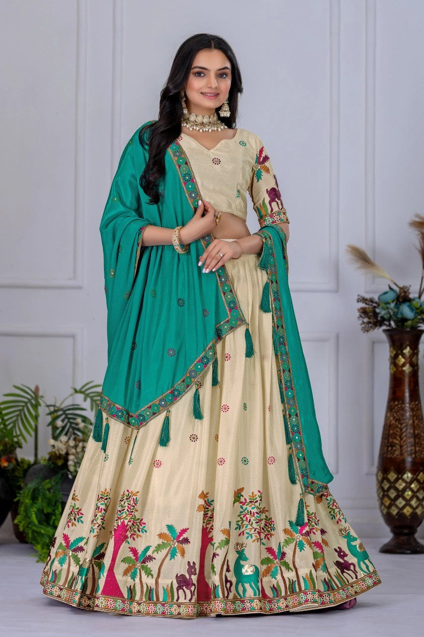 Woman wearing a traditional embroidered outfit with a green dupatta against a white wall.