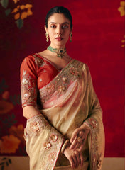 Woman in a traditional saree with intricate designs against a red background