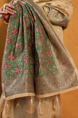 Traditional outfit with a floral patterned shawl on an orange background