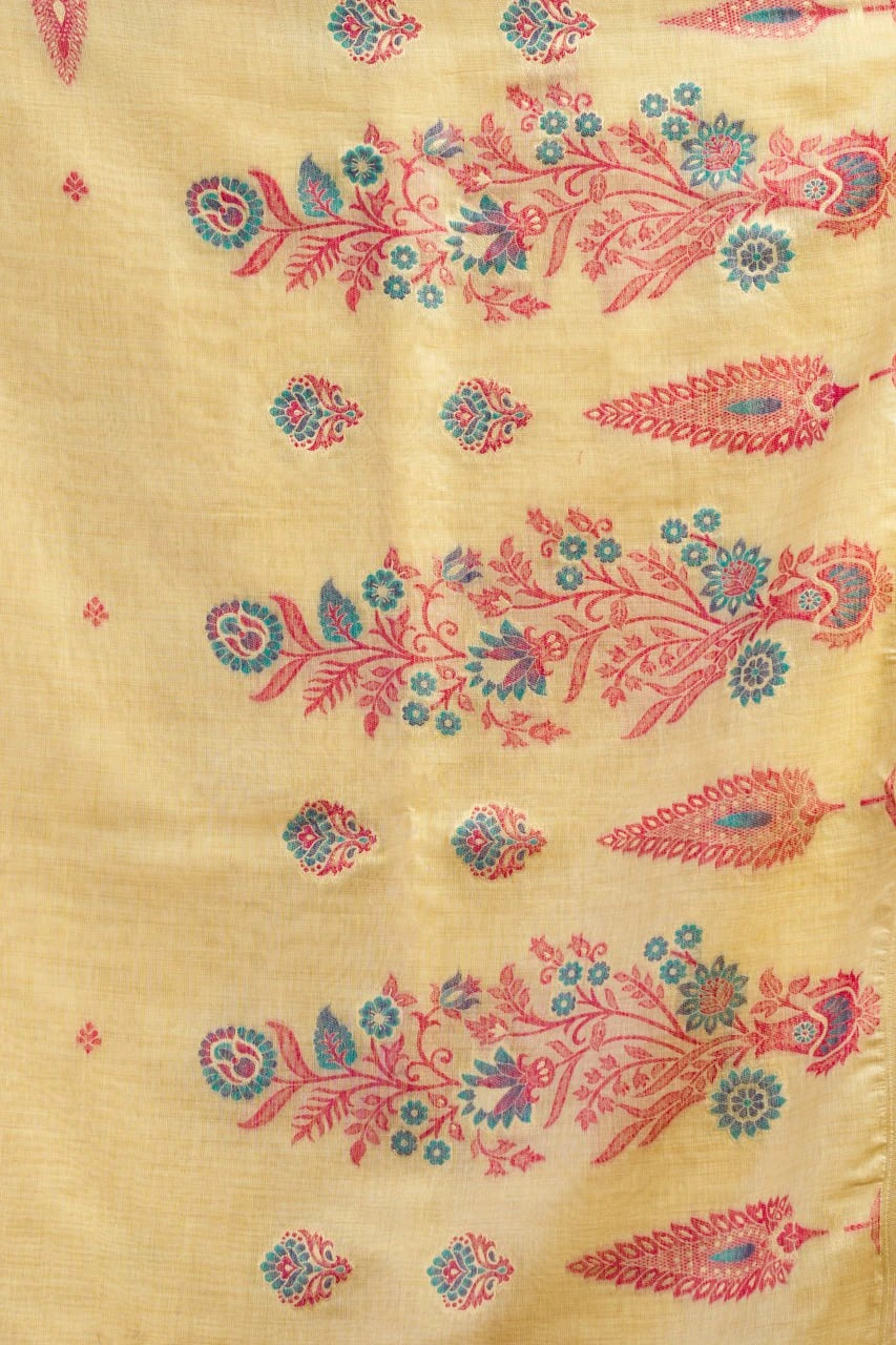 Decorative fabric with pink and blue floral patterns on a beige background