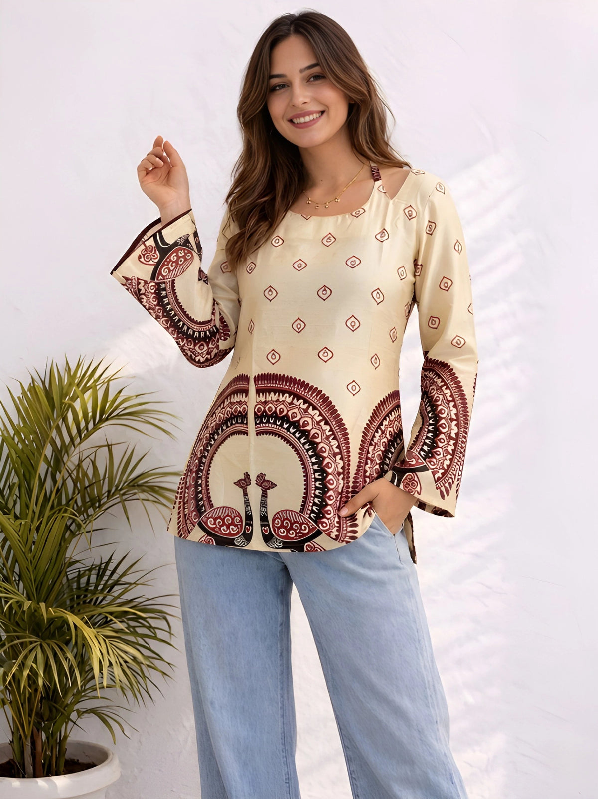 She stands with her hands in her pockets against a clean white background