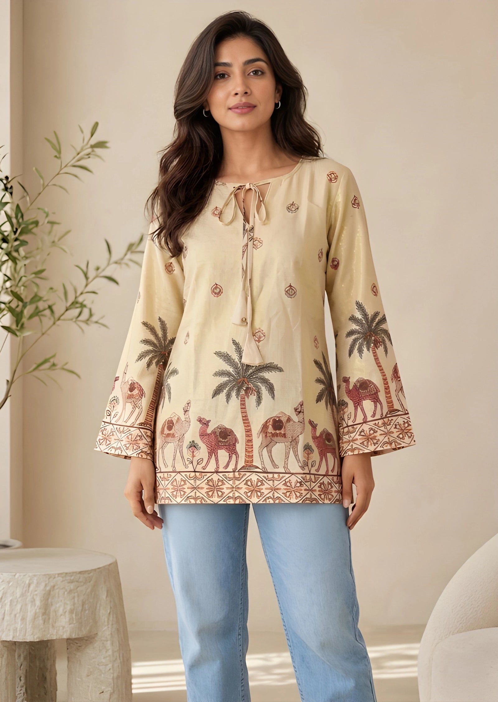 Woman wearing a beige embroidered top with palm tree and camel designs, standing indoors.