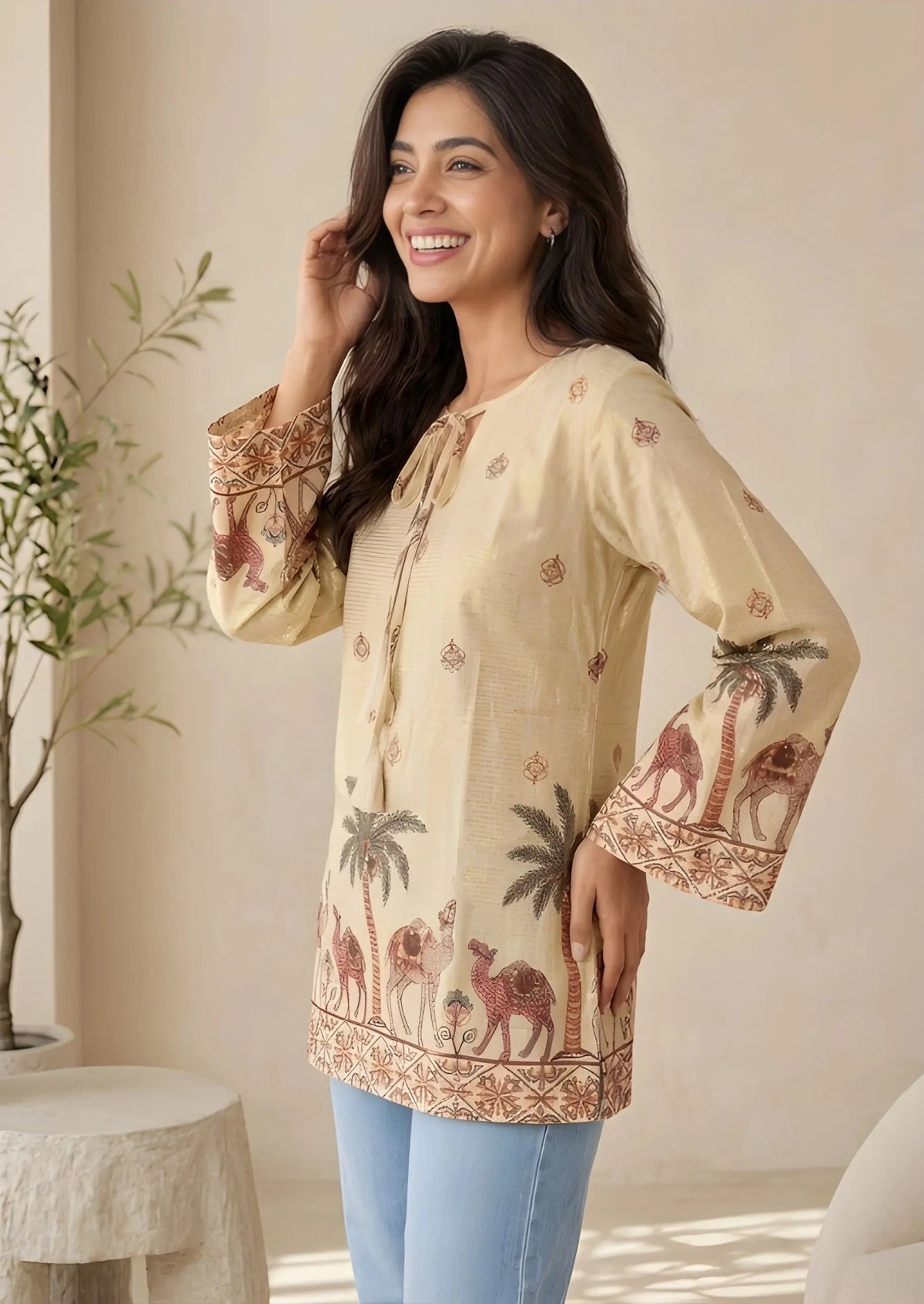 Woman wearing a beige embroidered top with long sleeves in a room with a plant.
