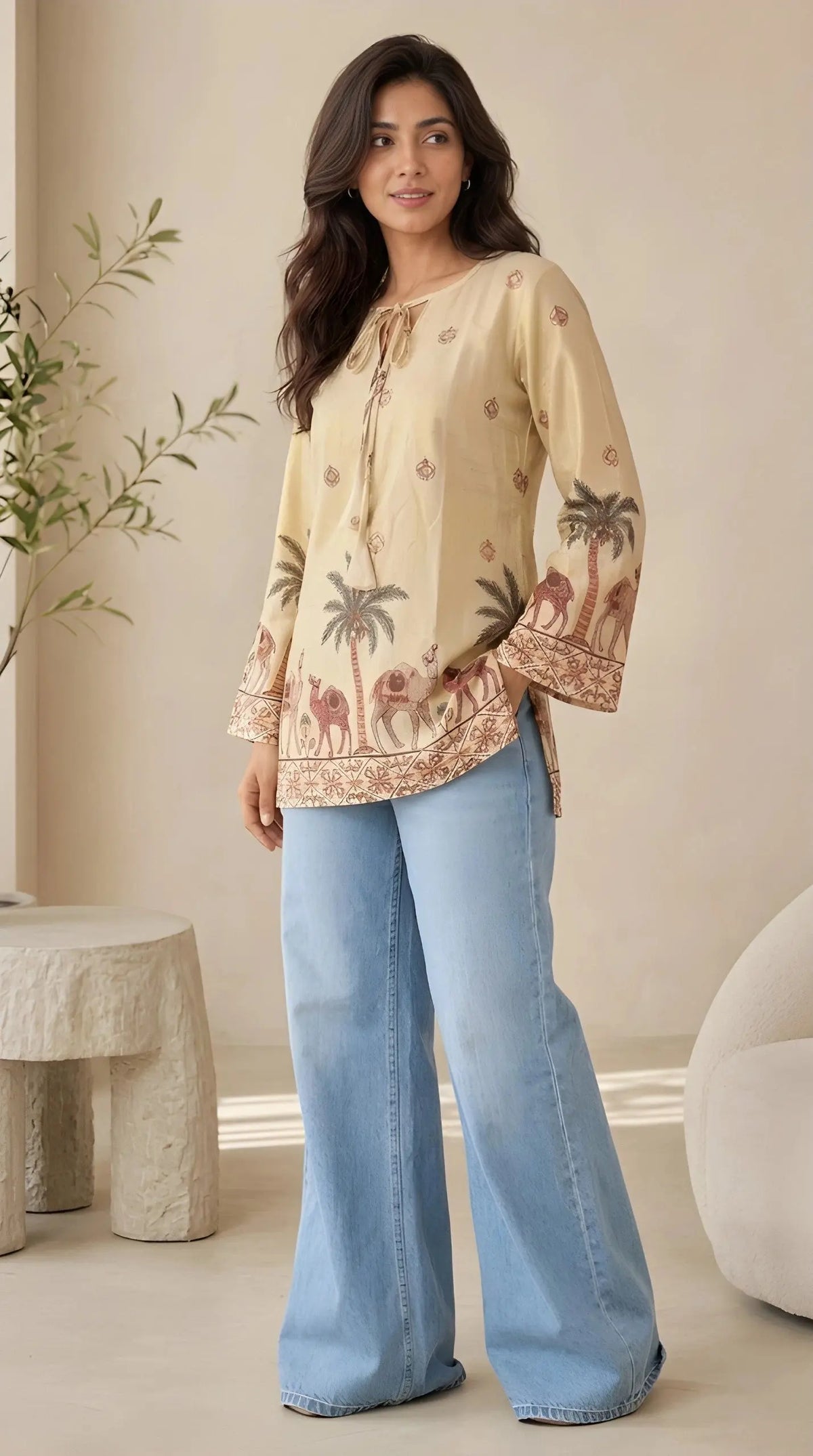 Woman wearing a beige blouse with palm tree design and blue jeans indoors.