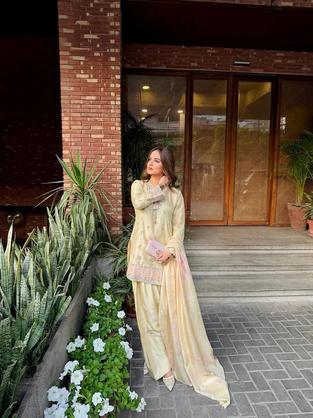 Festive beige satin silk suit with sequins and embroidery for special occasions