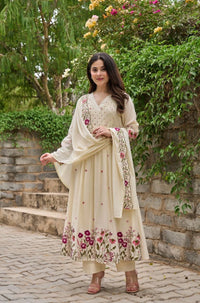 Beige Sequins Embroidered Viscose Chanderi Kurti