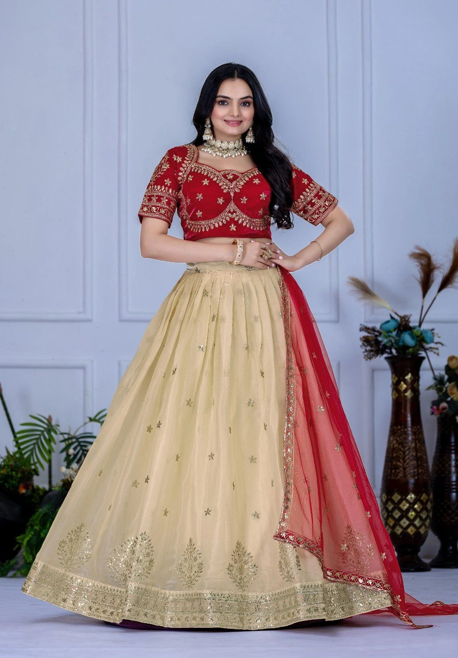 Beige Sequins Embroidered Zari Thread Work Silk Blend Lehenga