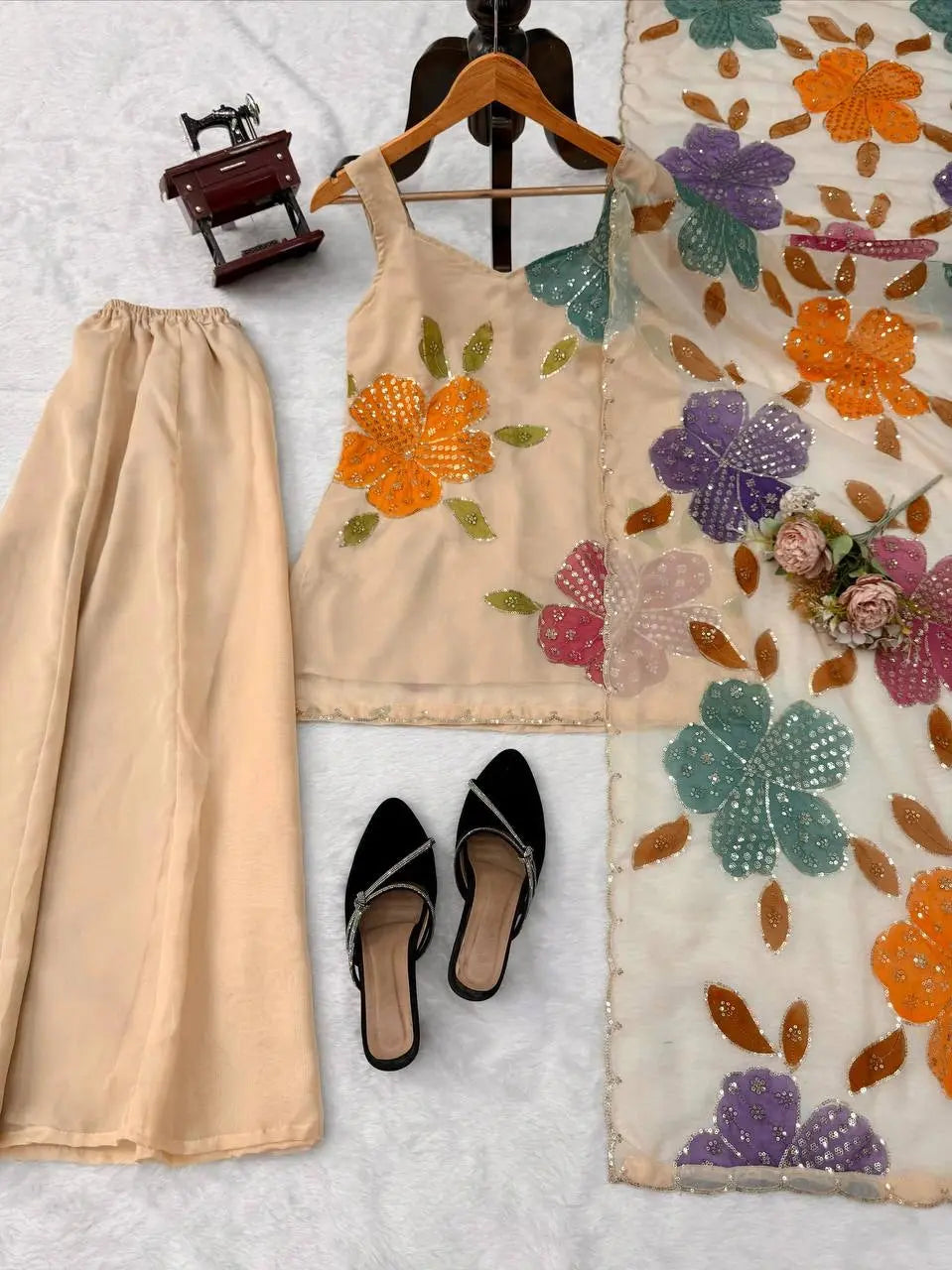 Premium Cream Anarkali Suit with Colorful Sequin Embellished Organza Dupatta for Party and Festive Wear