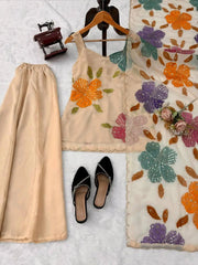 Premium Cream Anarkali Suit with Colorful Sequin Embellished Organza Dupatta for Party and Festive Wear