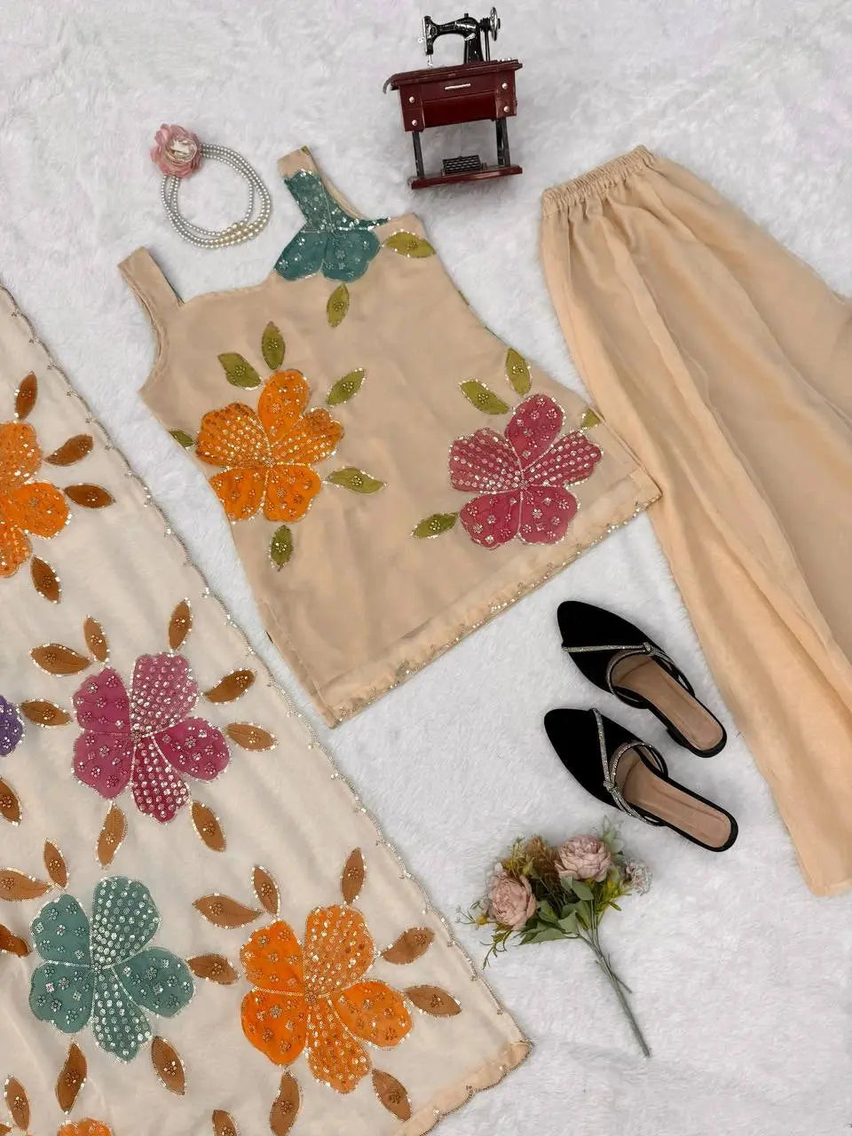 Beautiful Off White Ethnic Suit with Floral Embroidered Dupatta and Flowing Floor Length Anarkali Design