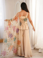 Graceful Cream Floor Length Anarkali Suit with Designer Organza Dupatta and Ethnic Party Wear Style