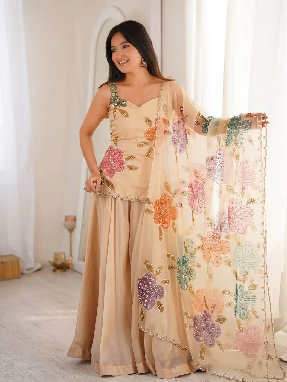 Elegant Ivory Traditional Suit featuring Flared Anarkali, Multicolor Embroidery, and Soft Flowing Dupatta