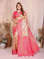 Woman wearing a pink and gold saree with a decorative background