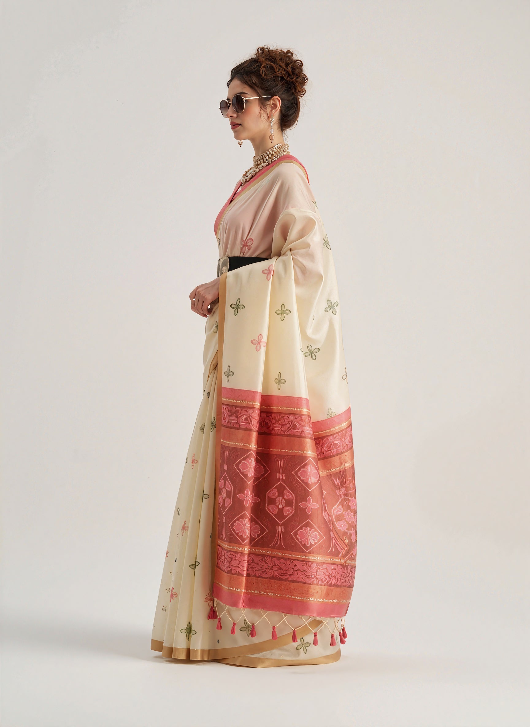 Beige Patola silk saree featuring traditional geometric and floral weaving patterns. Includes a matching blouse piece. Lightweight and elegant, ideal for festive and ceremonial occasions.