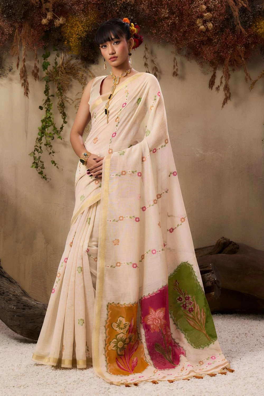 The overall look blends traditional fashion with soft, artistic elegance.