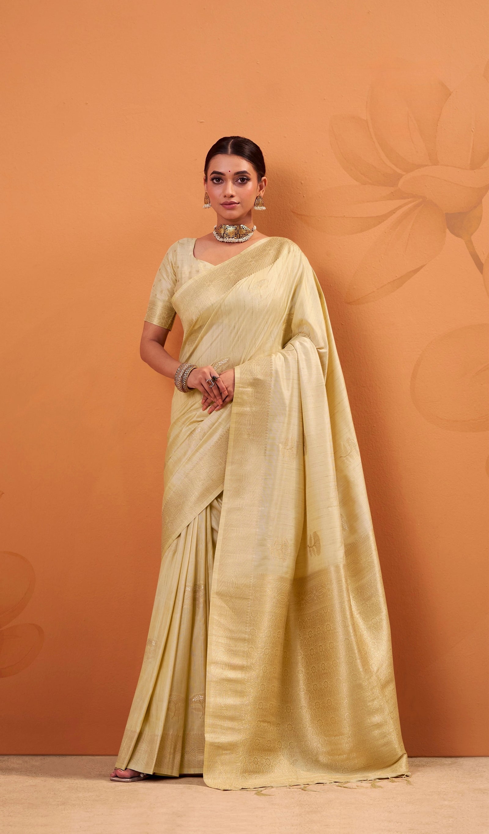 Woman wearing a light green saree against an orange background