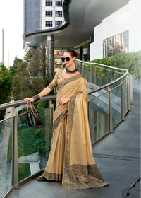 Beige Zari Woven Border Linen Tissue Silk Saree