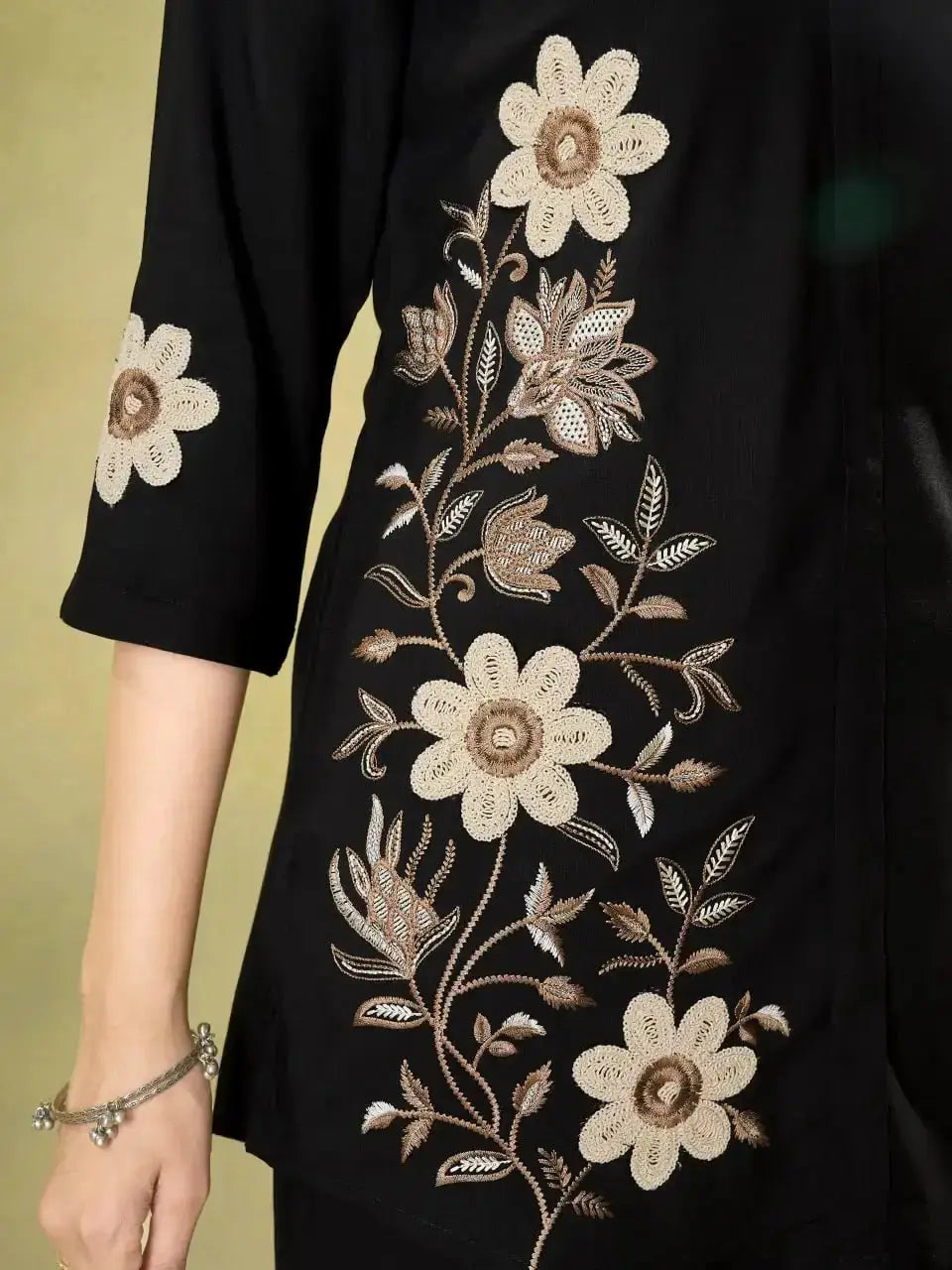 Black Coord Set multi thread floral embroidery detail on sleeve