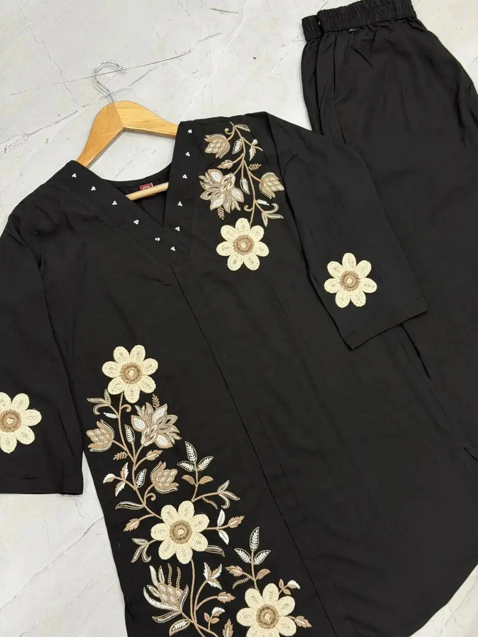 Black Coord Set flat lay embroidery closeup