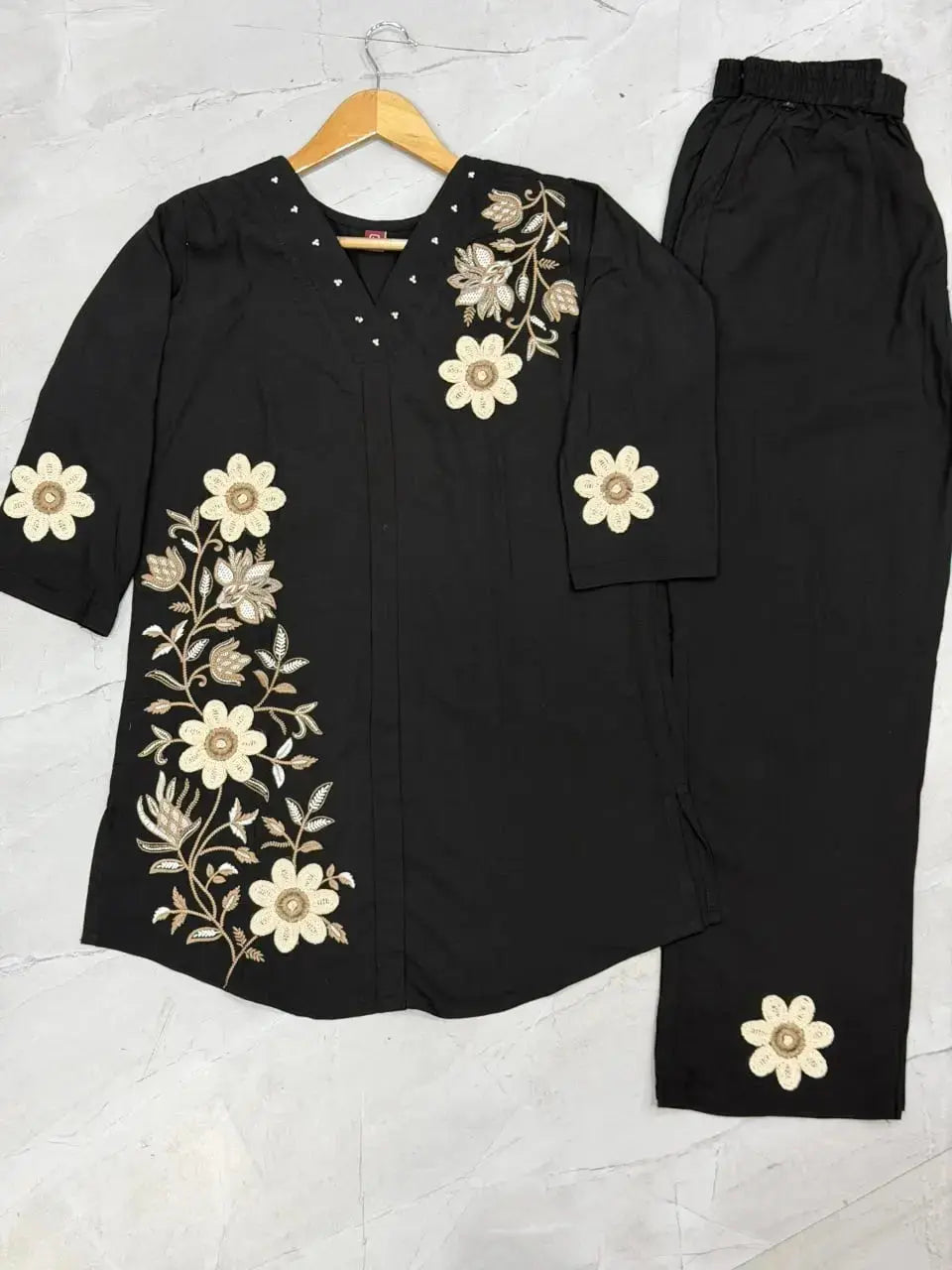 Black Multi Thread Embroidered Coord Set flat lay top and pants