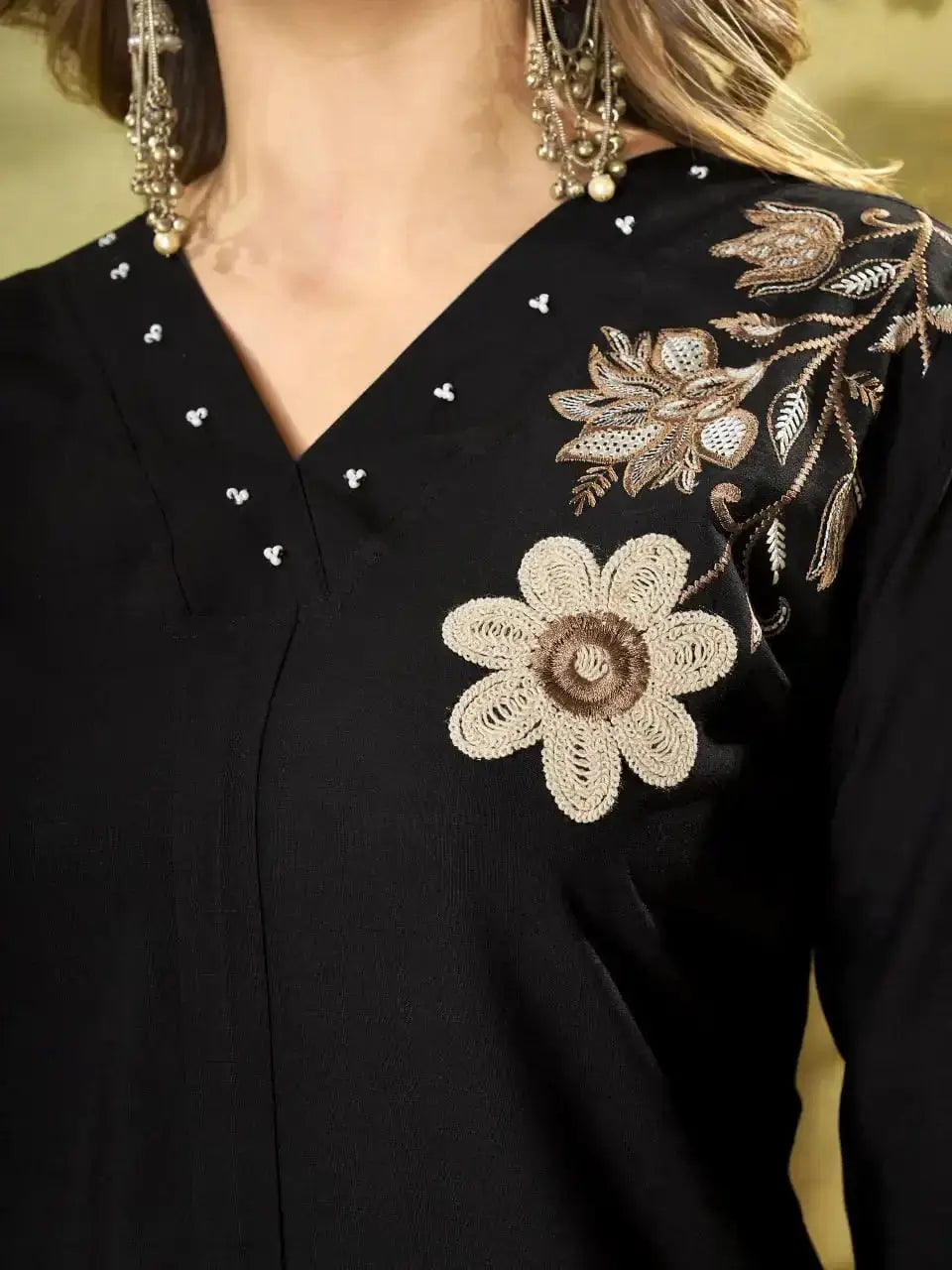 Black Coord Set V-neck embroidery detail