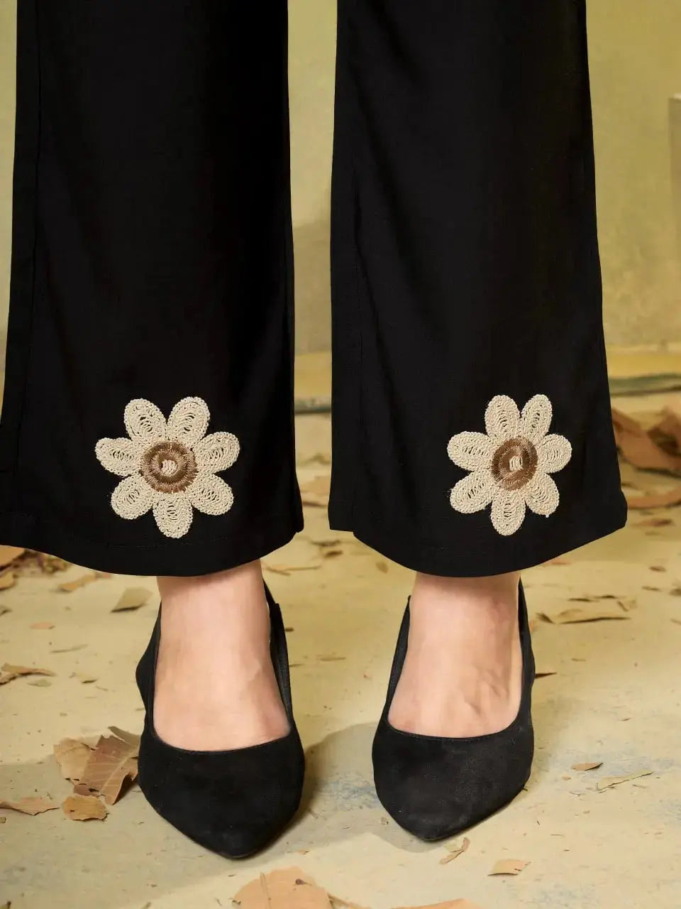 Black Coord Set straight pants floral embroidery detail