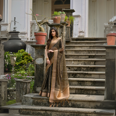 A woman models an elegant Dark Brown/Black Soft Silk Saree. The saree features subtle metallic Zari motifs on the body and a wide, contrasting metallic gold/bronze woven border and pallu. She wears a matching dark blouse and delicate gold jewelry, posing gracefully on an ornate stone staircase.