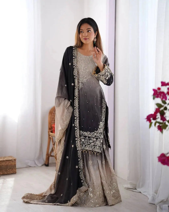 Black Coding Dori with Sequins Moti Work Chinon Silk Suit