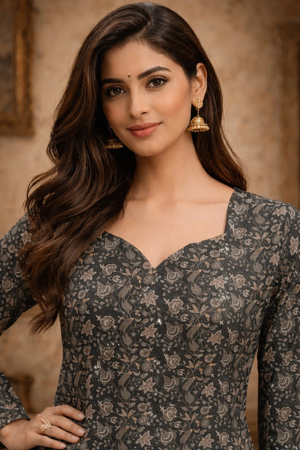 Woman wearing a dark floral patterned top against a neutral background