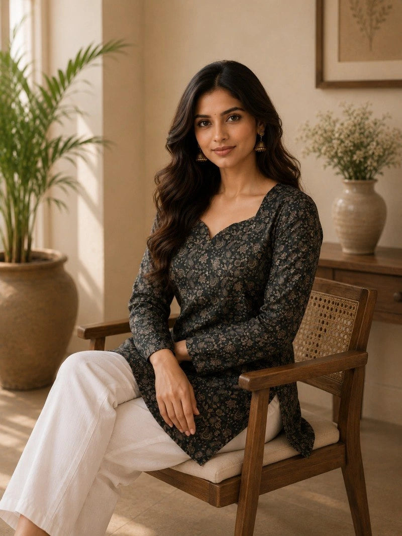 Woman sitting on a wooden chair in a room with plants and a vase.